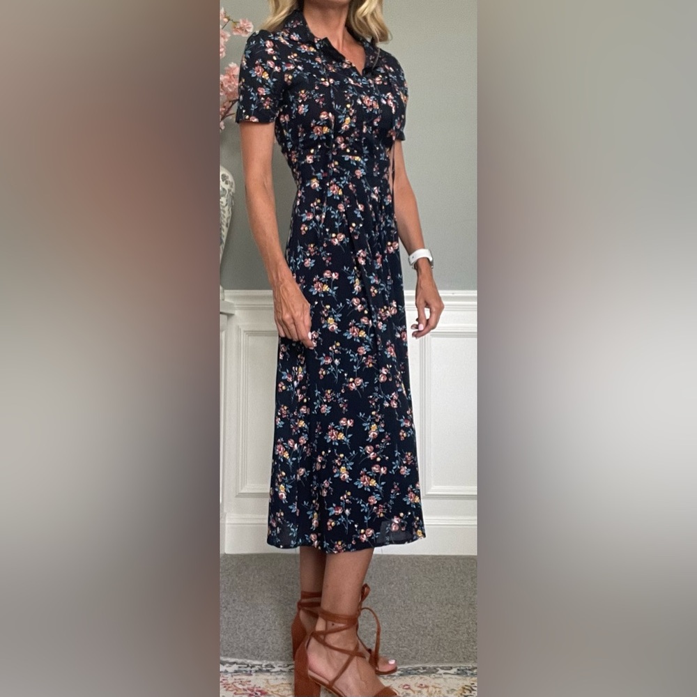 Midnight blue floral shirtwaist dress